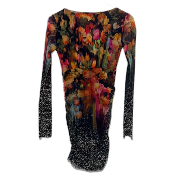 FUZZI Long Sleeve Printed Fitted Tulle Mesh Stretch Dress - Multi S - Picture 2 of 5